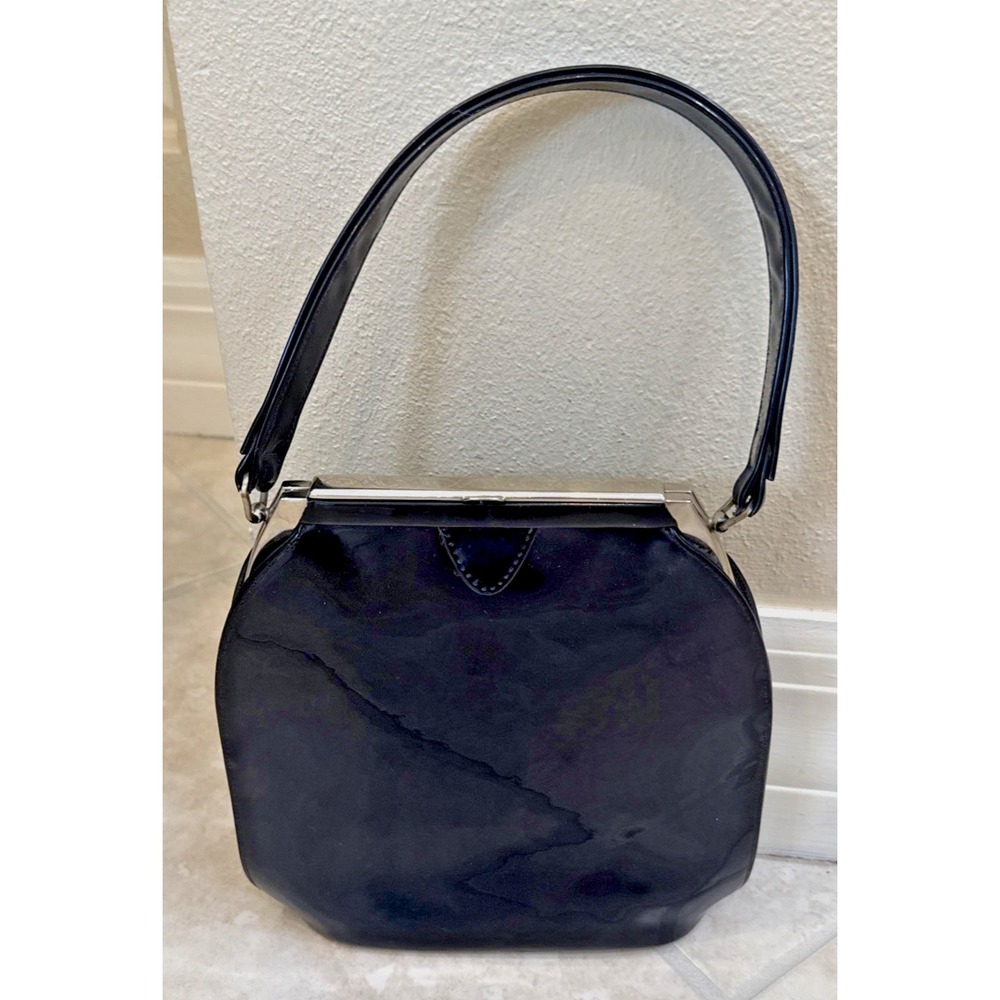 1960s Vintage Black Patent Leather Handbag‎ Silver Frame Top Handle Purse